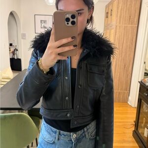 Mango Black Faux Fur Collar Leather Jacket